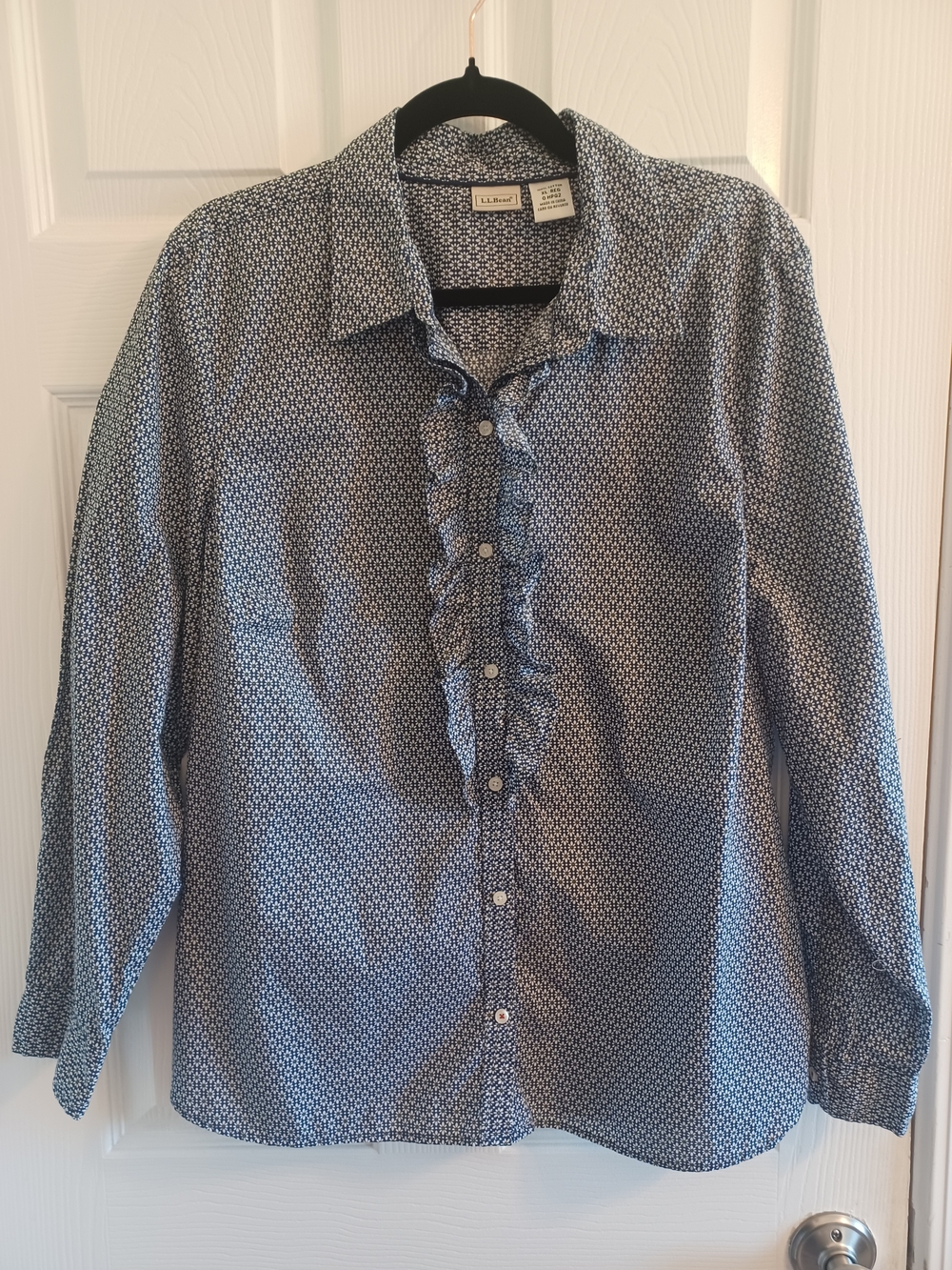 L.L. Bean Blue Patterned Ruffle-Front Women's Shirt Preppy Daisies